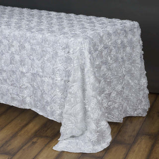 Elegant White Seamless Grandiose Rosette 3D Satin Rectangle Tablecloth