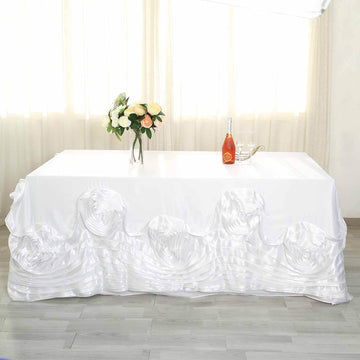 90"x156" White Seamless Large Rosette Rectangular Lamour Satin Tablecloth