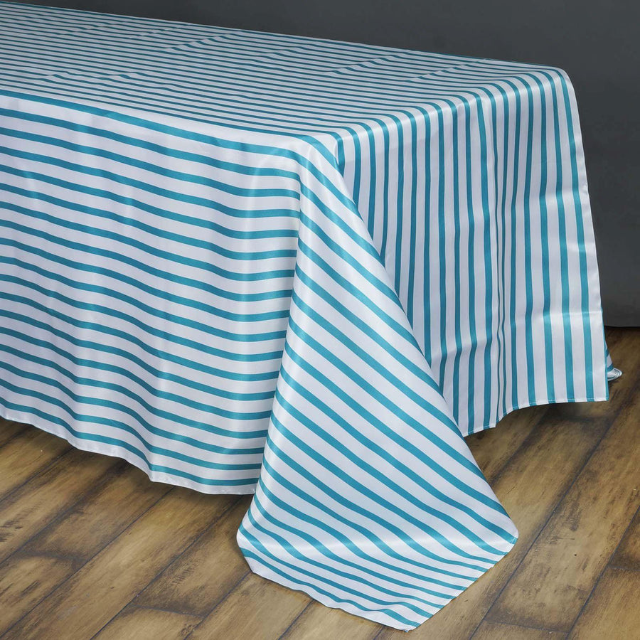 90 inch x156 inch White/Turquoise Stripe Satin Tablecloth#whtbkgd