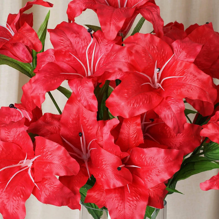 6 Bushes | Red Artificial High Quality Silk Lily Flowers, Faux Lilies#whtbkgd