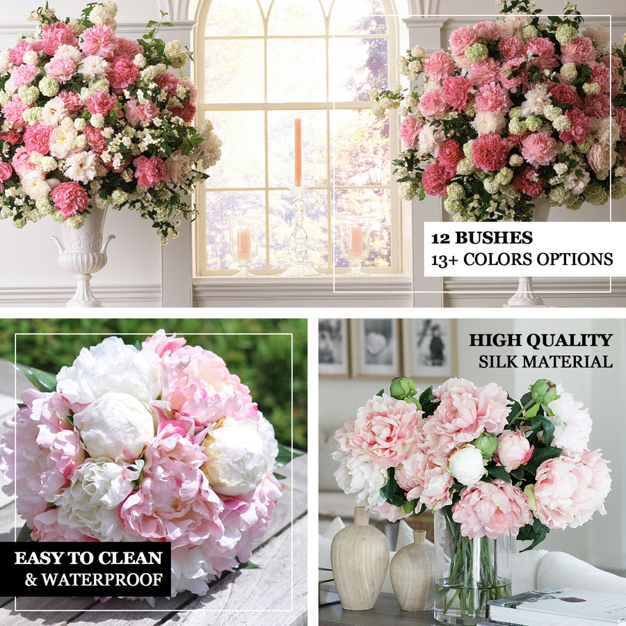 12 Bushes | Ivory Artificial Peony Floral Bouquets, High Quality Silk Flower Arrangements