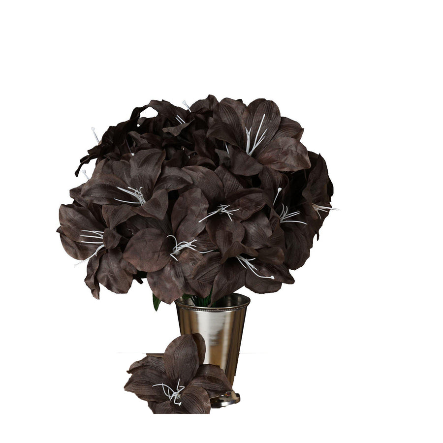 10 Bushes | Chocolate Brown Artificial Silk Easter Lily Flowers, Faux Bouquets