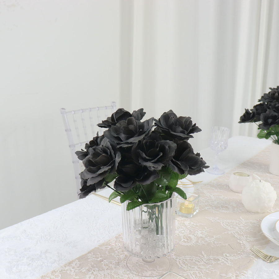 12 Bushes | Black Artificial Premium Silk Blossomed Rose Flowers | 84 Roses