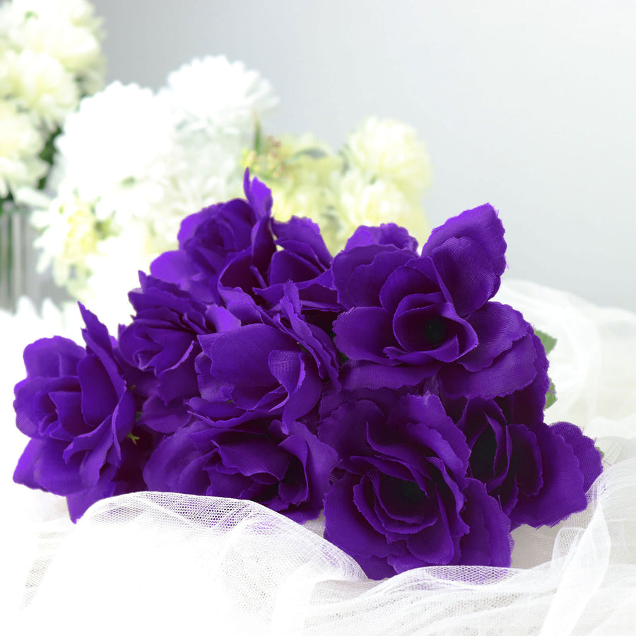 12 Bushes | Purple Artificial Premium Silk Blossomed Rose Flowers | 84 Roses