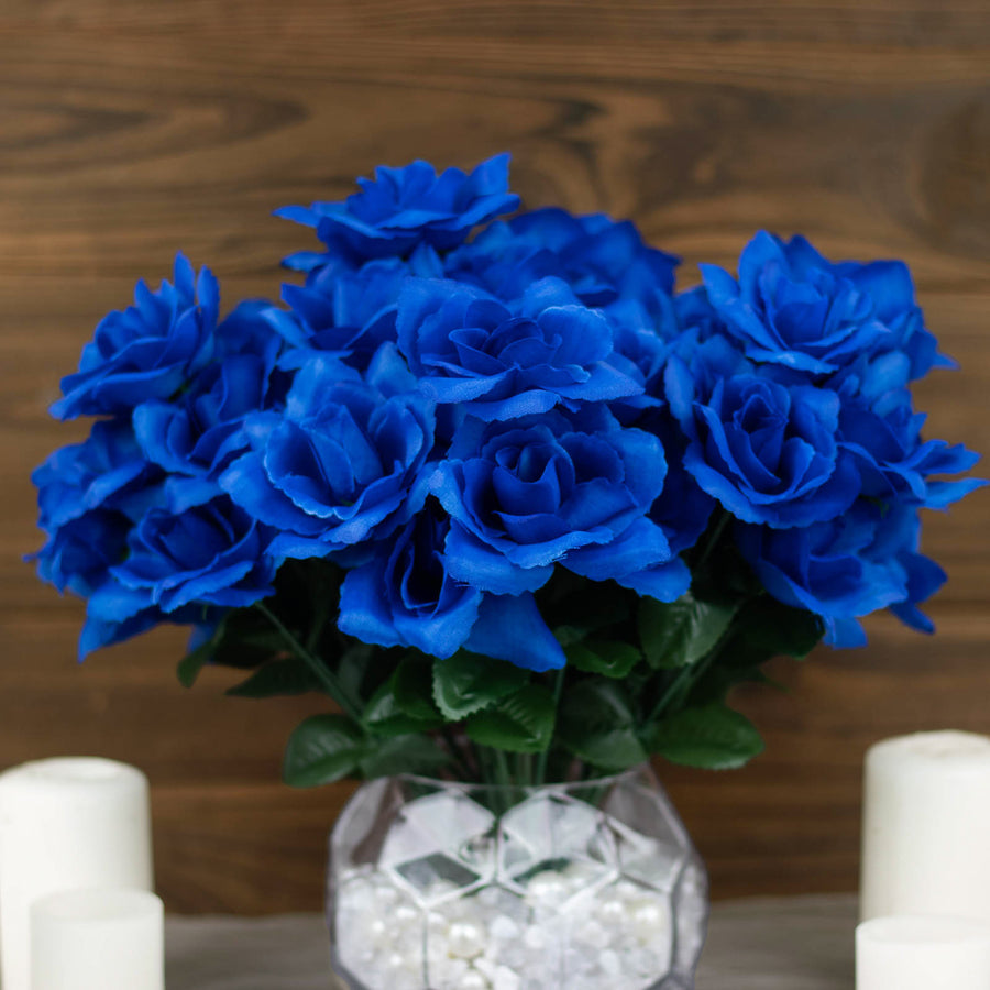 12 Bushes | Royal Blue Artificial Premium Silk Blossomed Rose Flowers | 84 Roses
