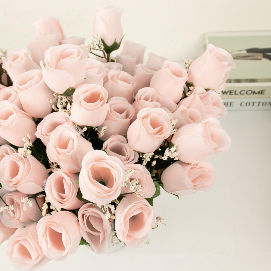 12 Bushes | Blush Rose Gold Artificial Premium Silk Flower Rose Bud Bouquets
