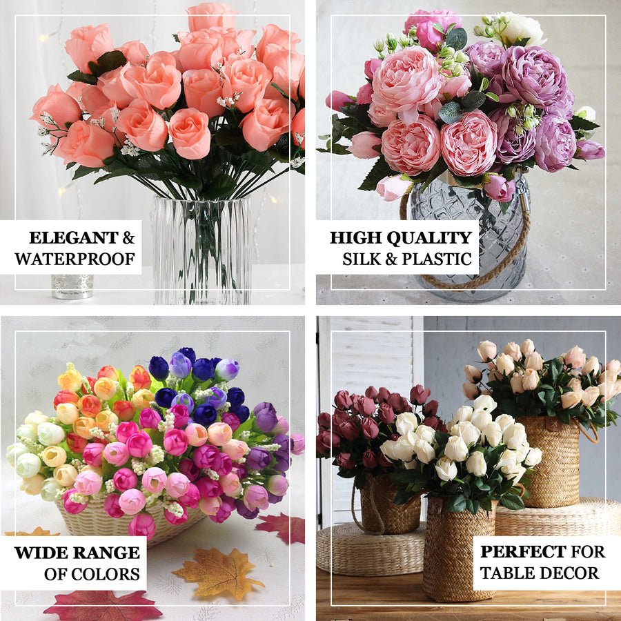 12 Bushes | Pink Artificial Premium Silk Flower Rose Bud Bouquets
