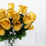 12 Bushes | Gold Artificial Premium Silk Flower Rose Buds | 84 Rose Buds