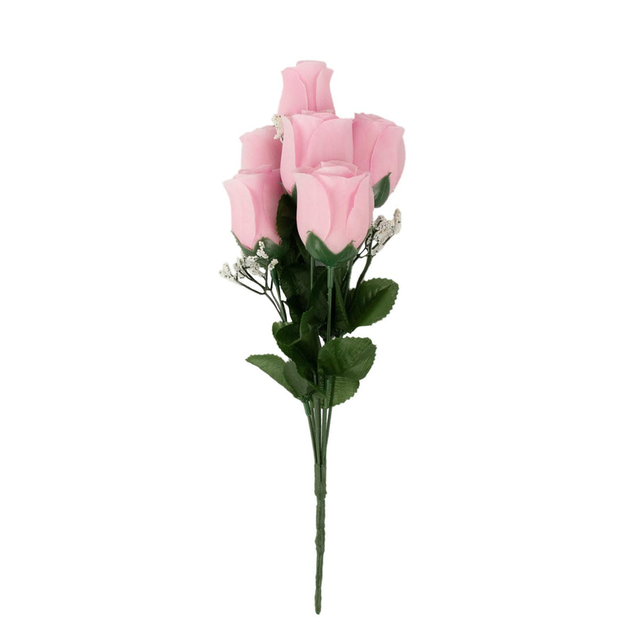 12 Bushes | Pink Artificial Premium Silk Flower Rose Bud Bouquets#whtbkgd