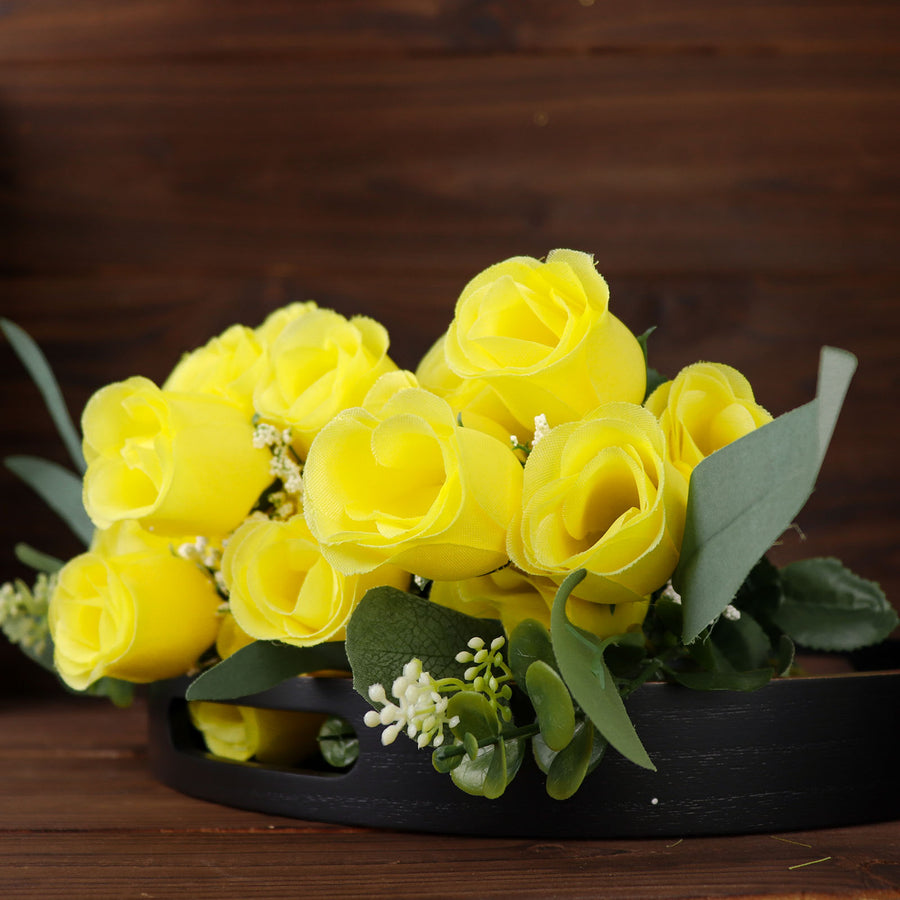 12 Bushes | Yellow Artificial Premium Silk Flower Rose Bud Bouquets