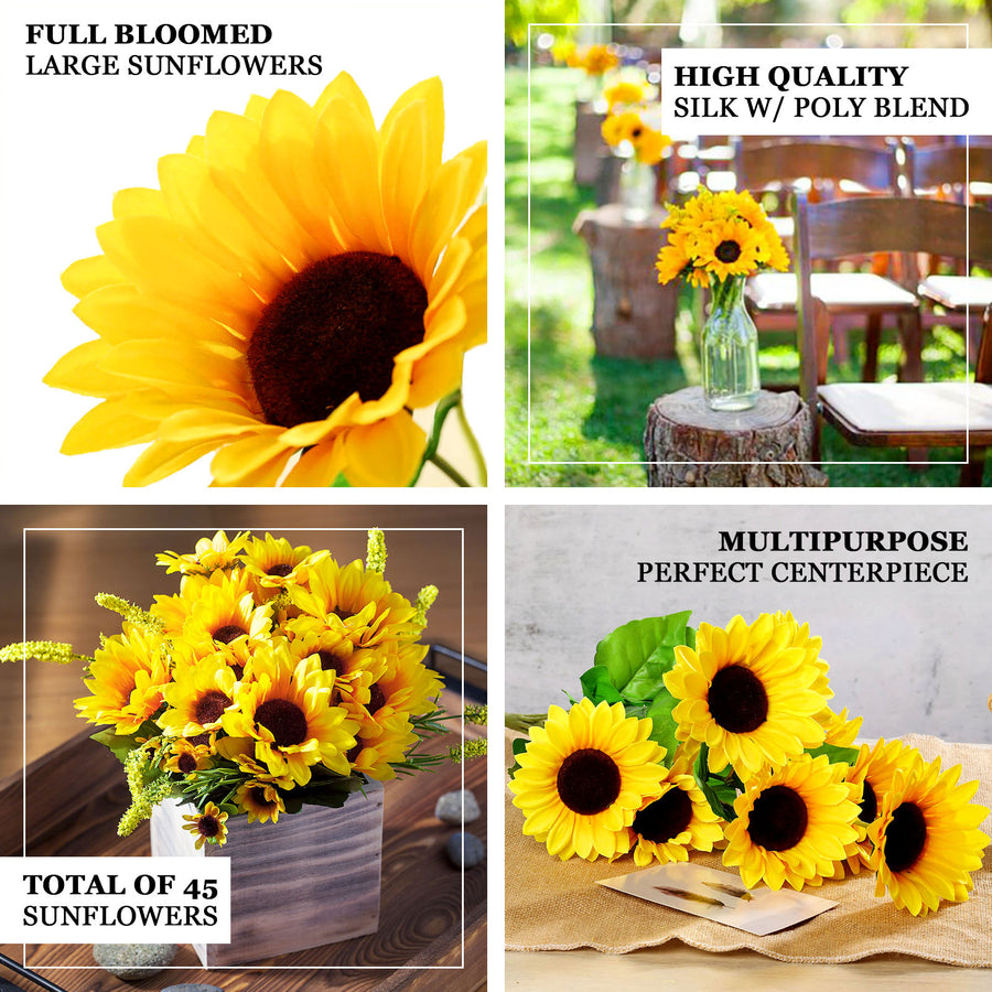 5 Bushes | 45 Large Yellow Artificial Silk Blossomed Sunflowers
