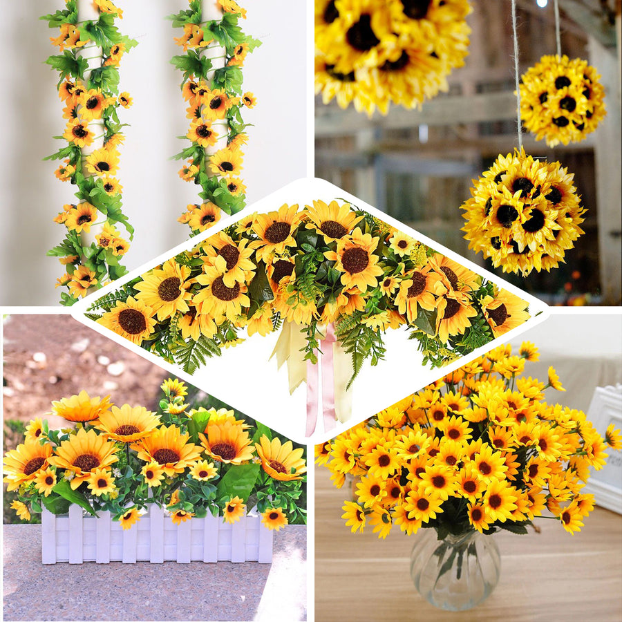 5 Bushes | 70 Yellow Artificial Silk Blossomed Sunflowers | Vase Decor