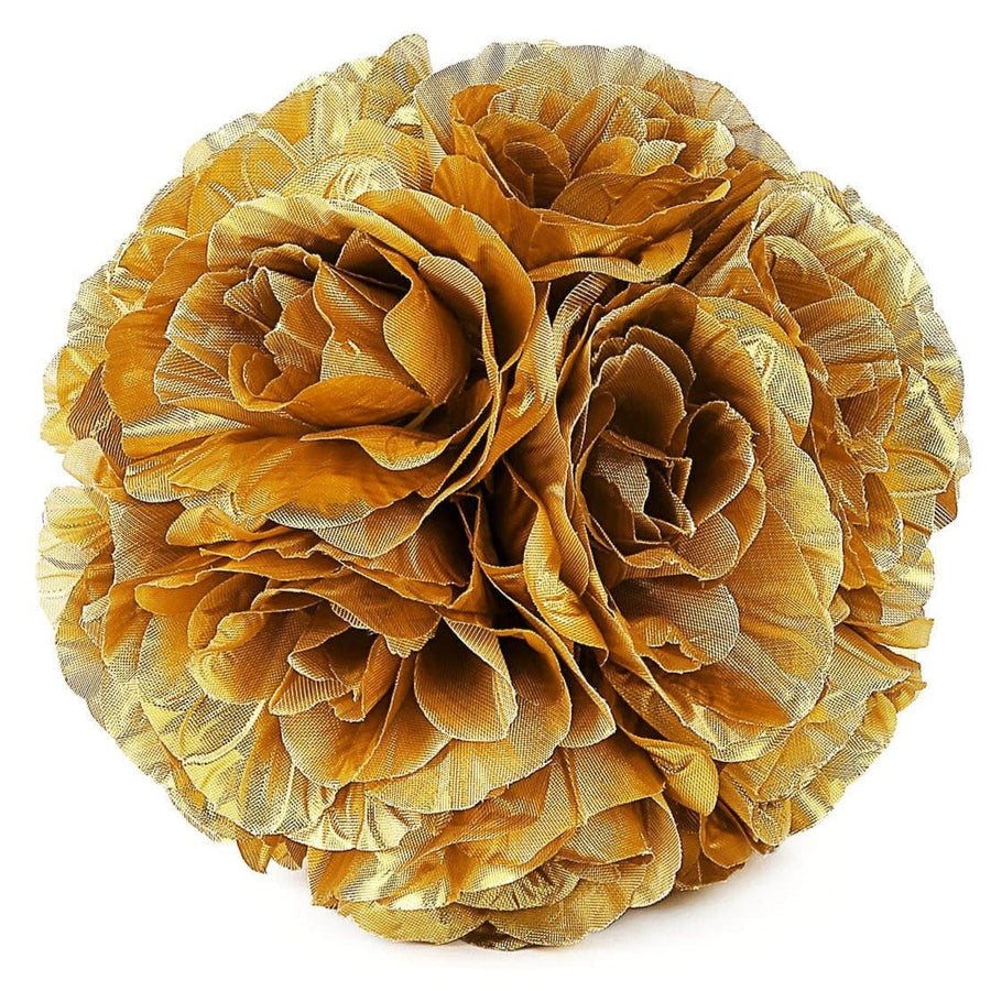 2 Pack | 7inch Gold Artificial Silk Rose Flower Ball, Silk Kissing Ball#whtbkgd