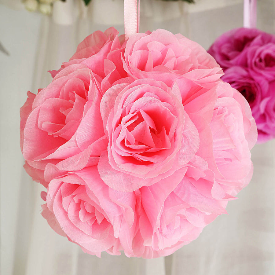 2 Pack | 7inch Pink Artificial Silk Rose Flower Ball, Silk Kissing Ball