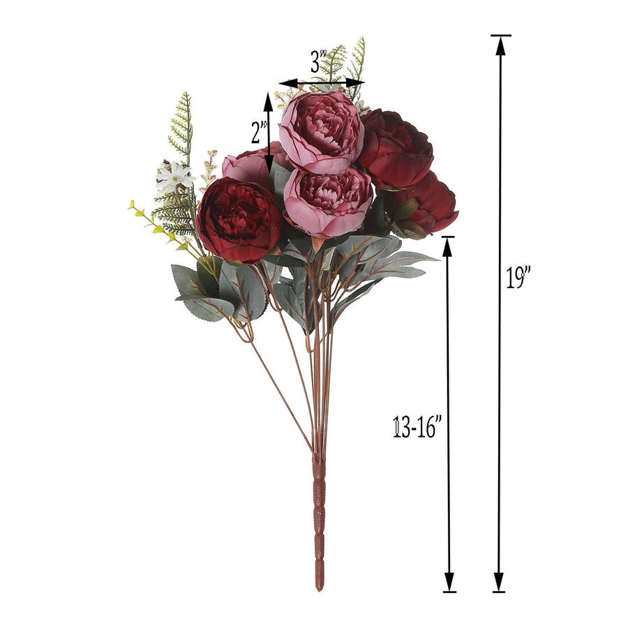 2 Bushes | Burgundy / Dusty Rose Artificial Silk Peony Flower Bouquet Spray