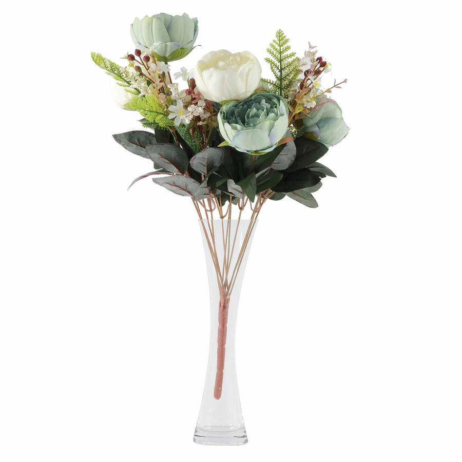 2 Bushes | Aqua / Cream Artificial Silk Peony Flower Bouquet Spray#whtbkgd