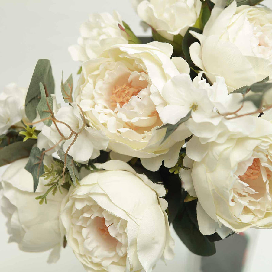 2 Bush | Ivory Artificial Silk Peony, Rose and Hydrangea Flower Bouquet#whtbkgd