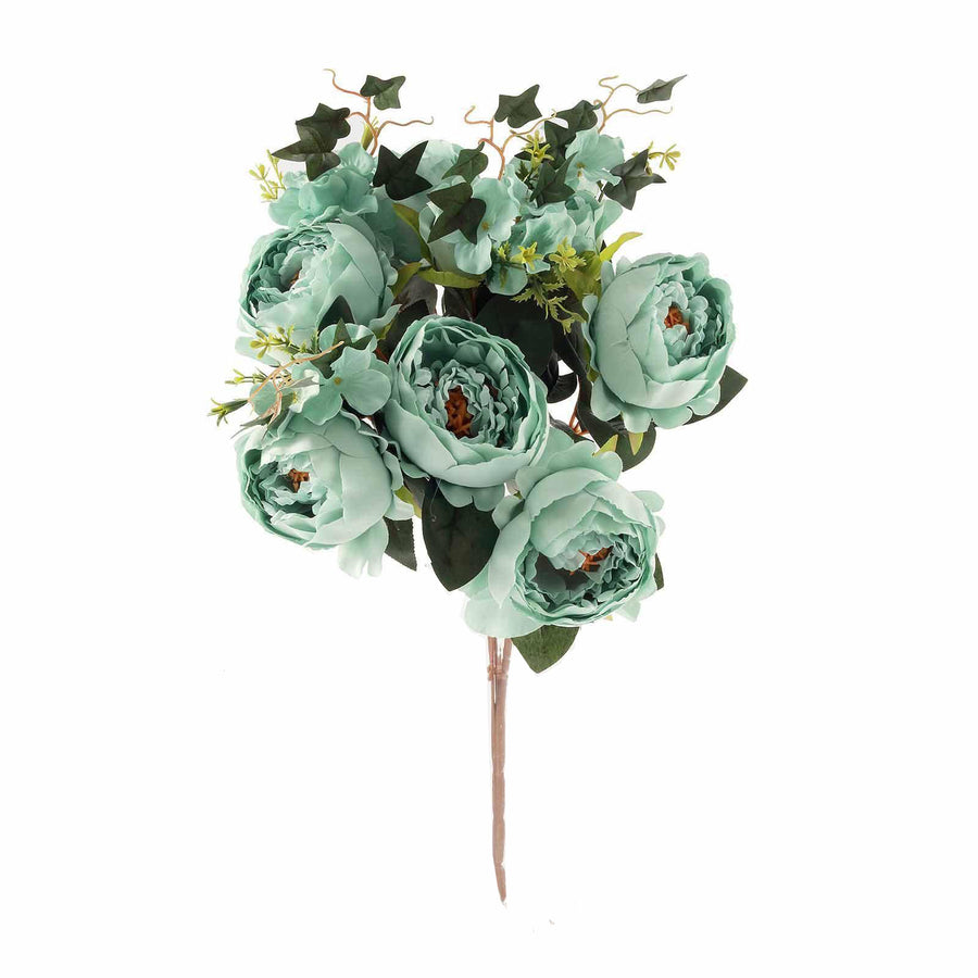 2 Bush | Turquoise Artificial Silk Peony, Rose & Hydrangea Flower Bouquet#whtbkgd