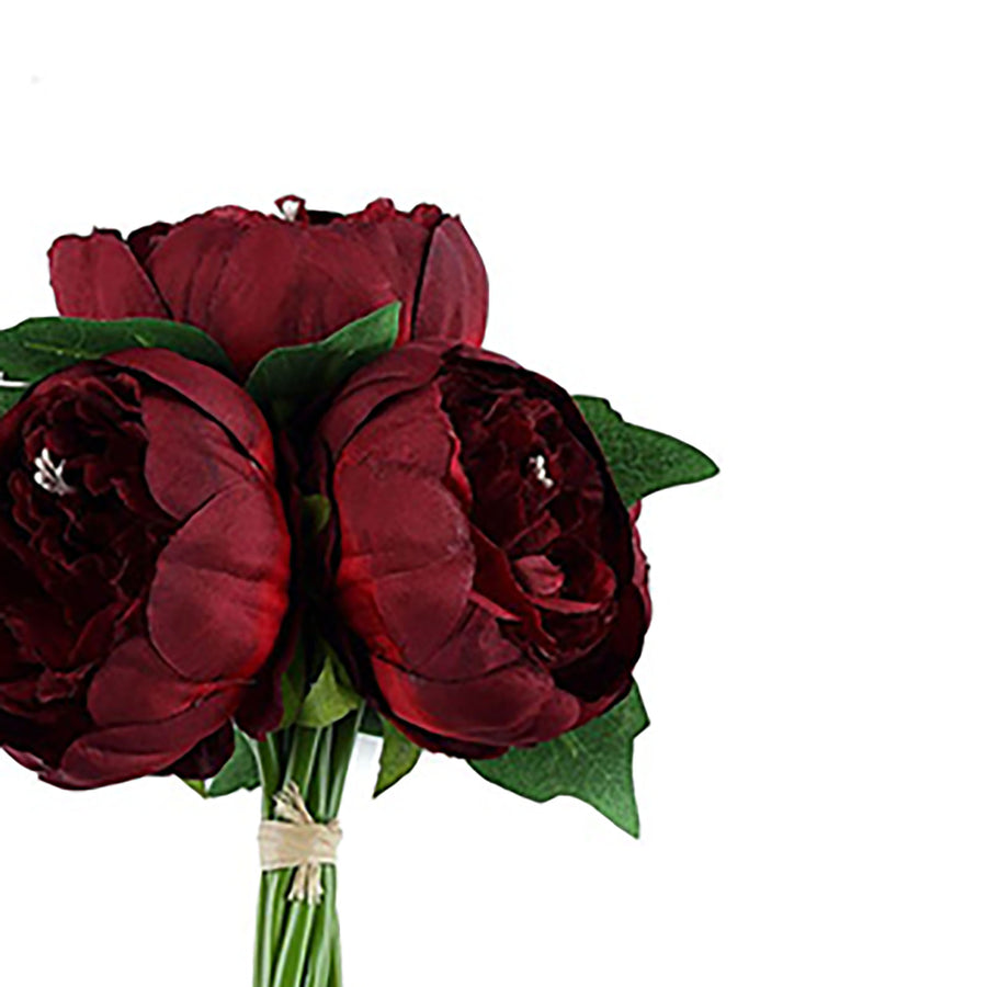 5 Flower Head Burgundy Peony Bouquet | Artificial Silk Peonies Spray#whtbkgd