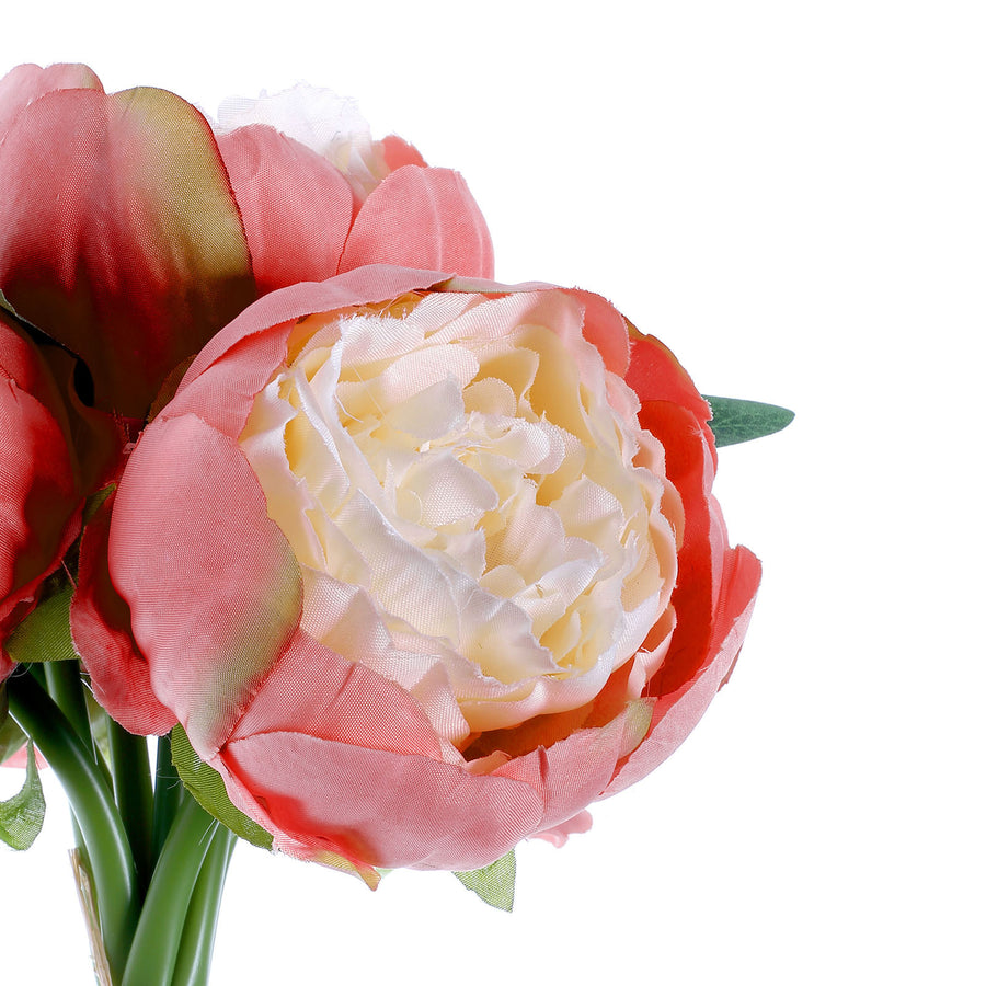 5 Flower Head Coral/Cream Peony Bouquet | Artificial Silk Peonies Spray#whtbkgd