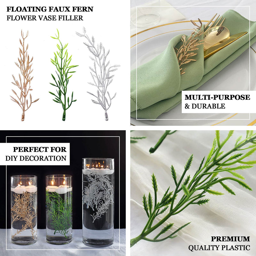 25 Pack | 6" Mini Metallic Gold Artificial Fern Leaf Branch Stems, Vase Filler For Floating Candle