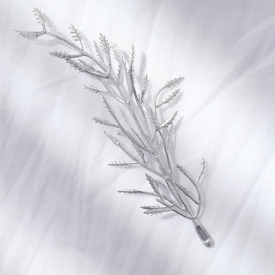 25 Pack | 6" Metallic Silver Artificial Fern Leaf Branch Stems, Flower Vase Filler Floating Candle