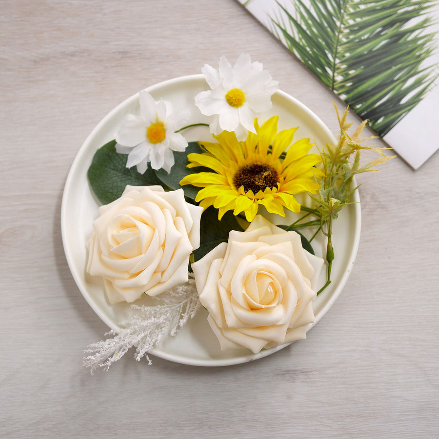 40 Pcs | Artificial Rose & Silk Sunflower With Stem Box Set, Mixed Faux Floral Arrangements#whtbkgd