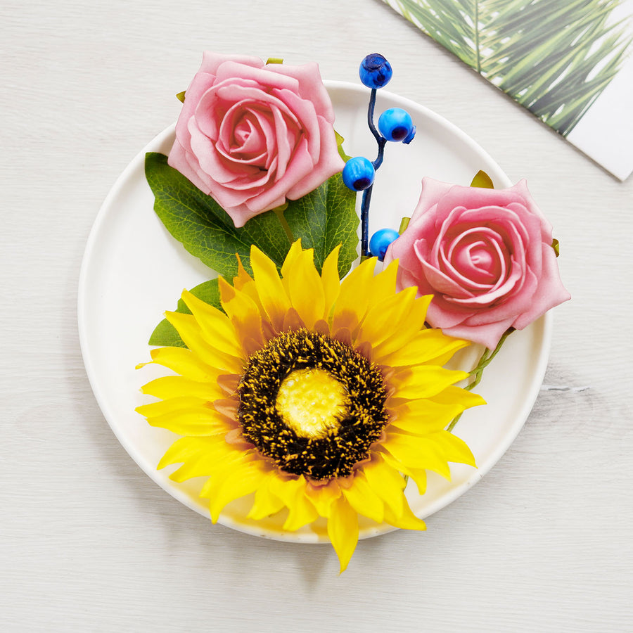 34 Pcs | Artificial Rose, Silk Sunflower & Blueberry Stems Mix Flower Box - Burgundy/Pink
