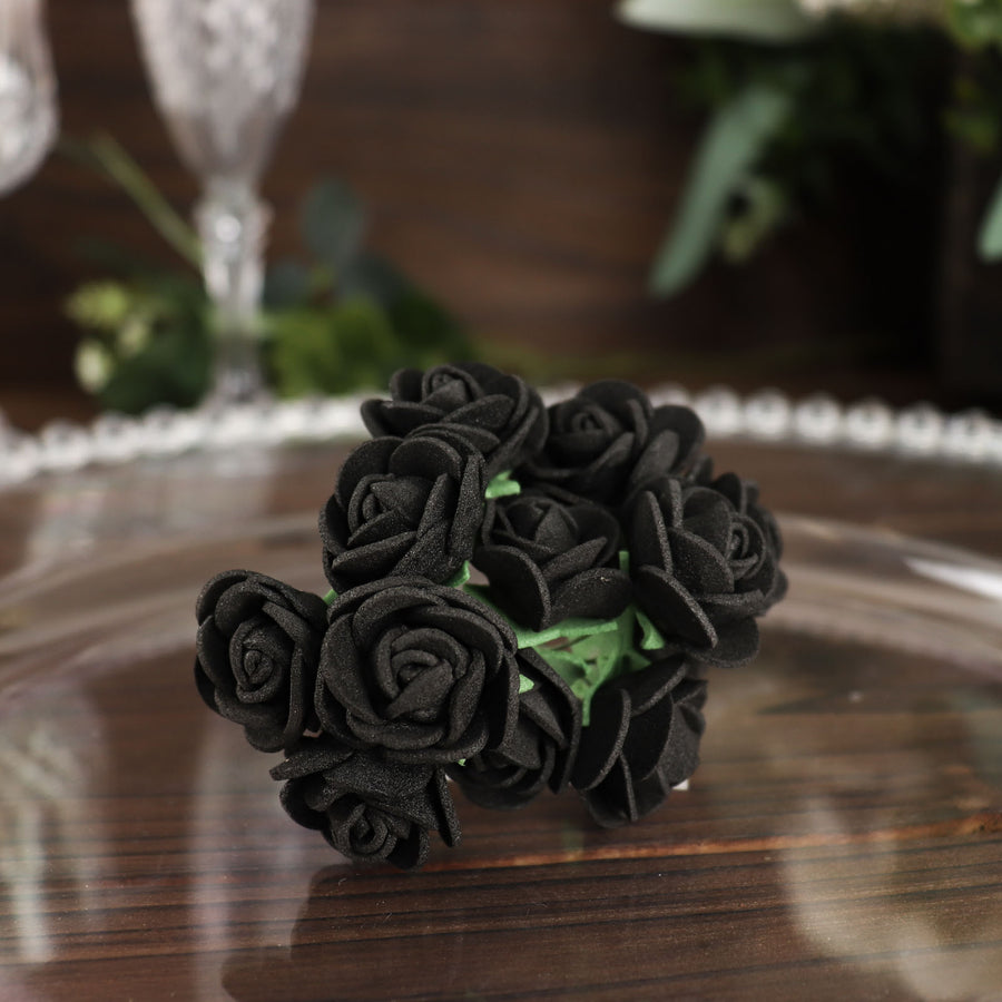 48 Roses | 1Inch Black Real Touch Artificial DIY Foam Rose Flowers With Stem, Craft Rose Buds
