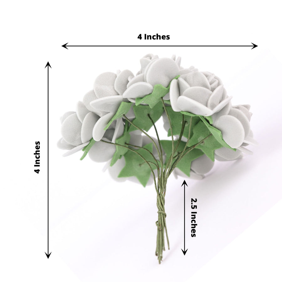 48 Roses | 1Inch Silver Real Touch Artificial DIY Foam Rose Flowers With Stem, Craft Rose Buds