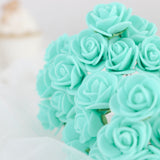 48 Roses | 1Inch Turquoise Real Touch Artificial DIY Foam Rose Flowers With Stem, Craft Rose Buds