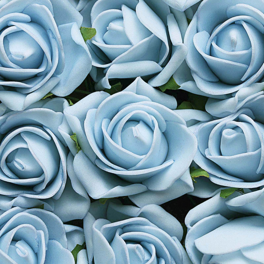 24 Roses | 2inch Dusty Blue Artificial Foam Flowers With Stem Wire and Leaves#whtbkgd