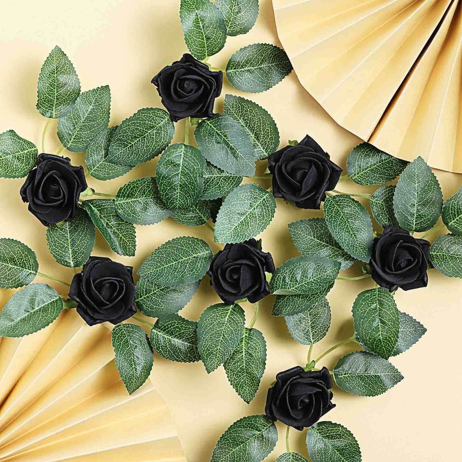 24 Roses | 2inch Black Artificial Foam Flowers With Stem Wire and Leaves
