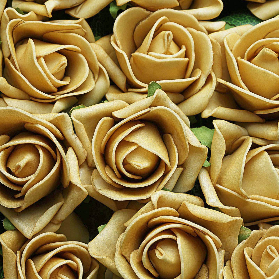 24 Roses | 2inch Gold Artificial Foam Flowers With Stem Wire and Leaves#whtbkgd