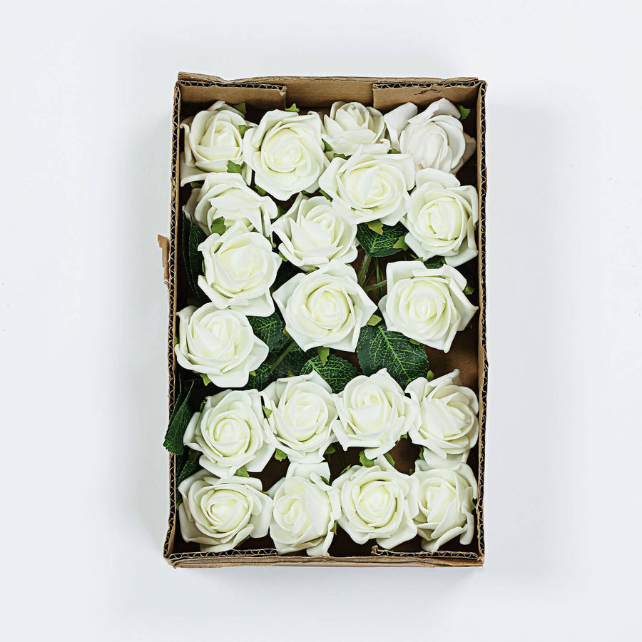 24 Roses | 2inch Ivory Artificial Foam Flowers With Stem Wire and Leaves