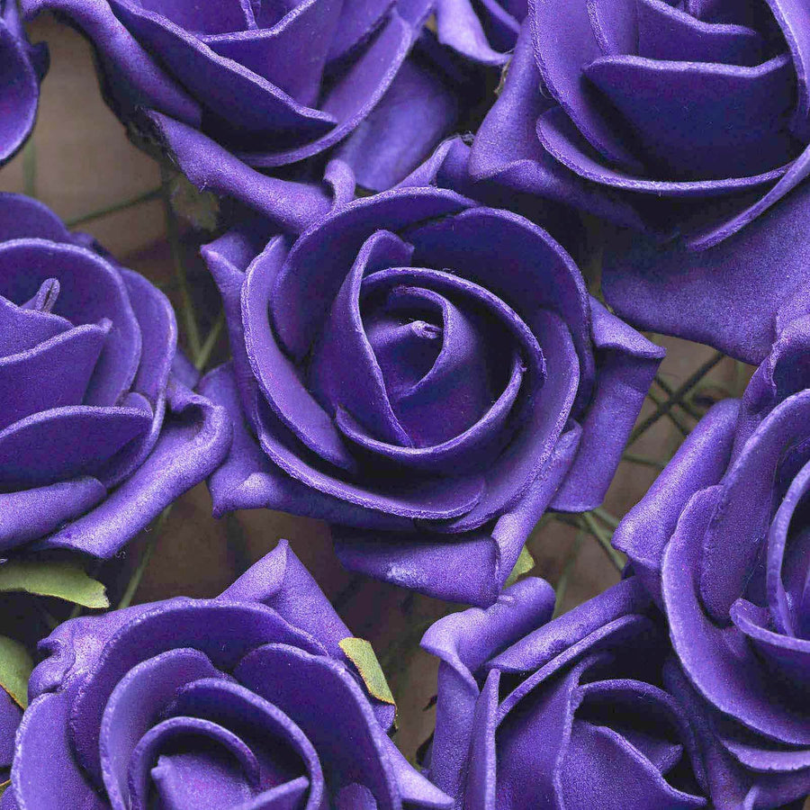 24 Roses | 2inch Purple Artificial Foam Flowers With Stem Wire and Leaves#whtbkgd
