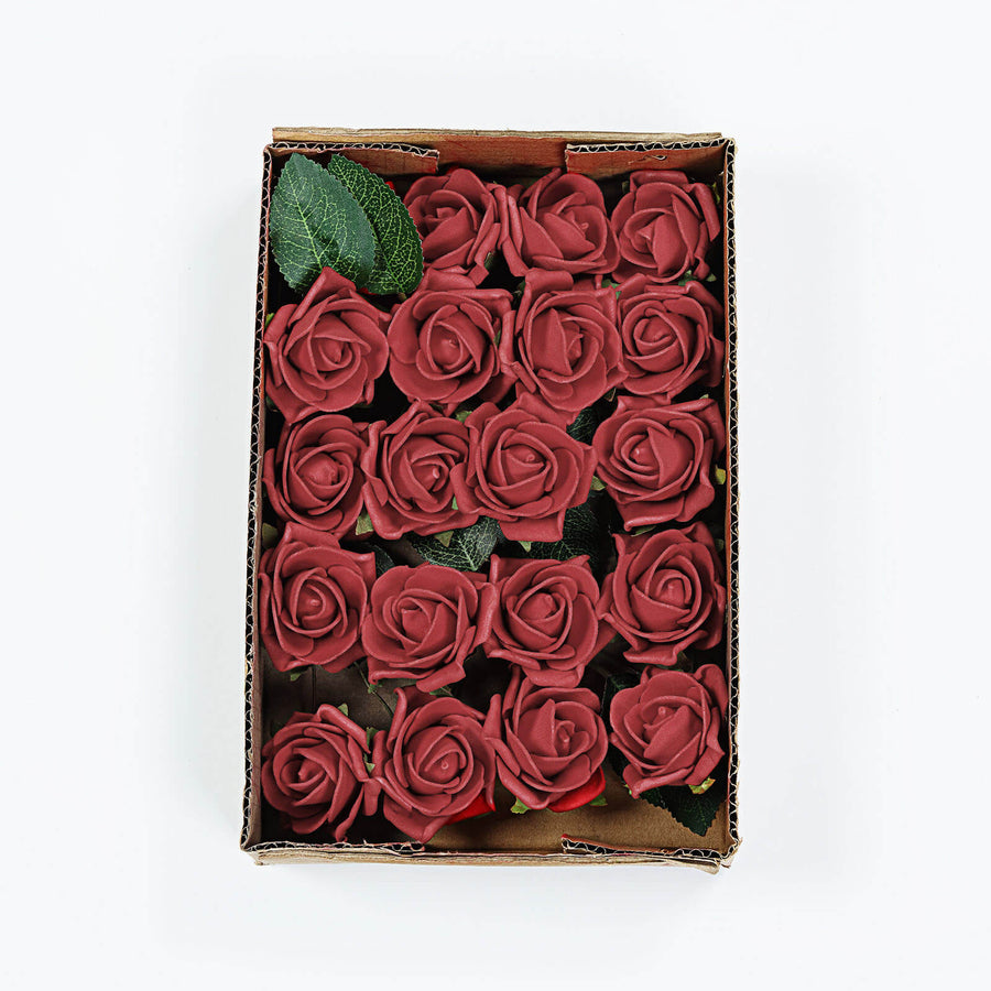 24 Roses | 2inch Red Artificial Foam Flowers With Stem Wire and Leaves