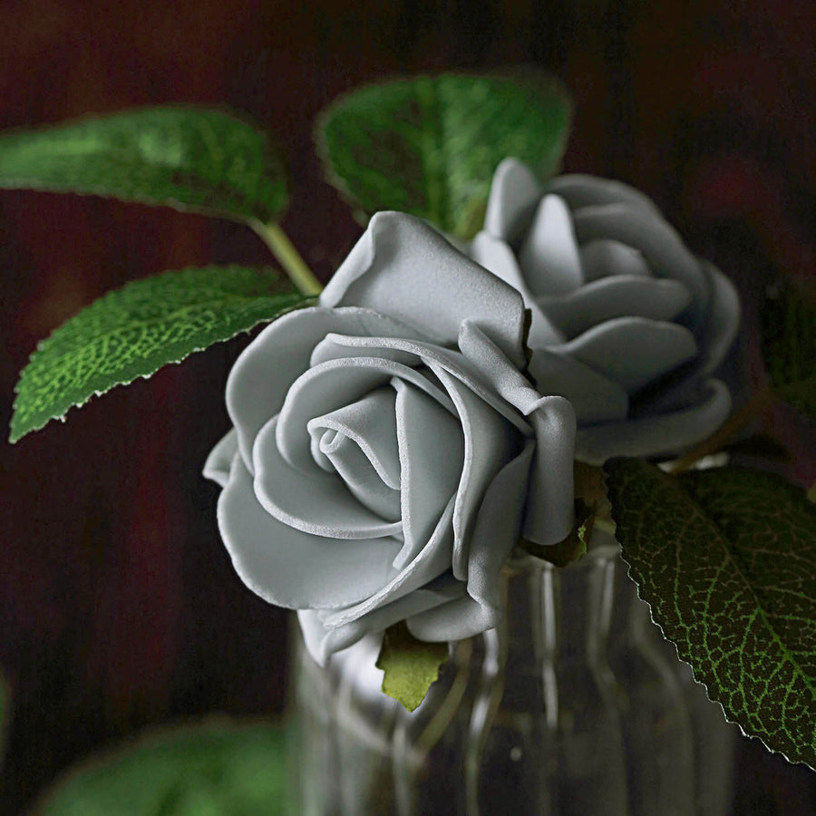 24 Roses | 2inch Silver Artificial Foam Flowers With Stem Wire and Leaves