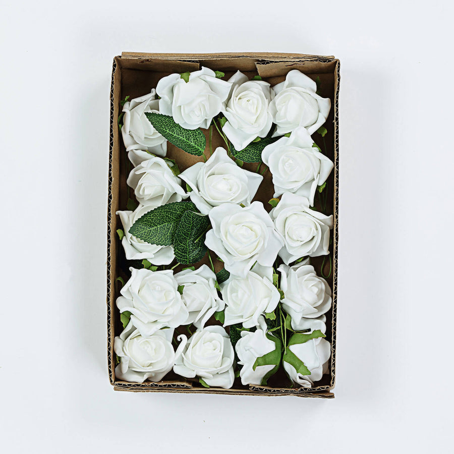24 Roses | 2inch White Artificial Foam Flowers With Stem Wire and Leaves