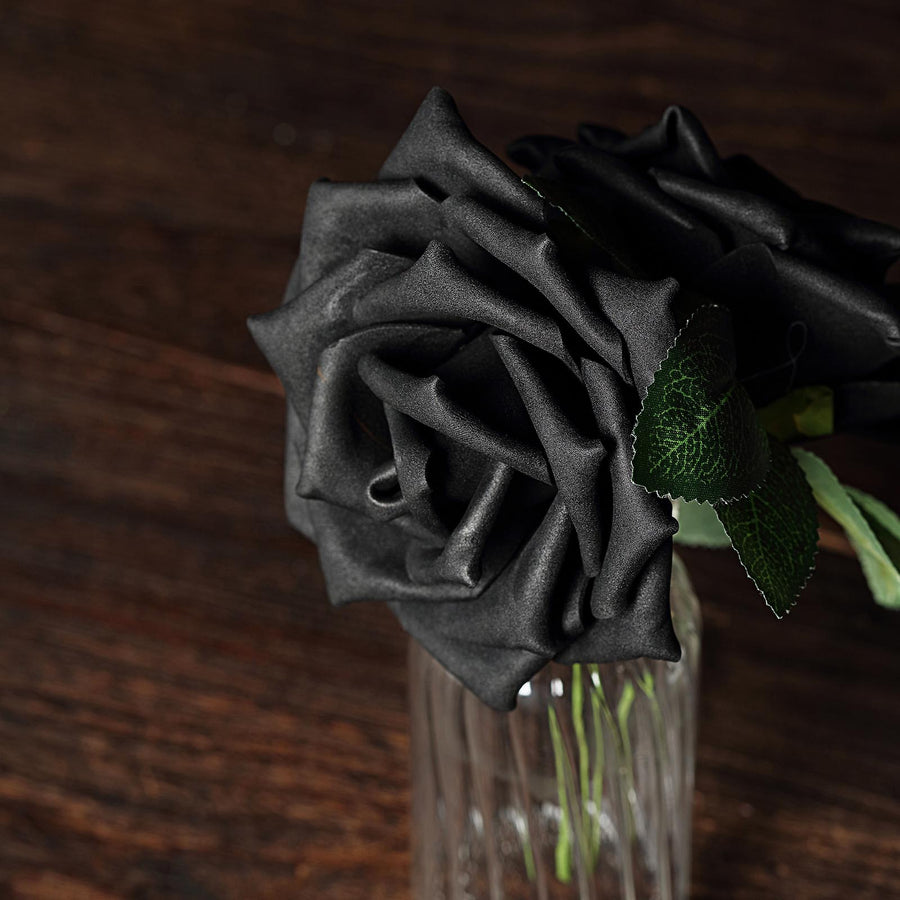 24 Roses | 5inch Black Artificial Foam Flowers With Stem Wire and Leaves