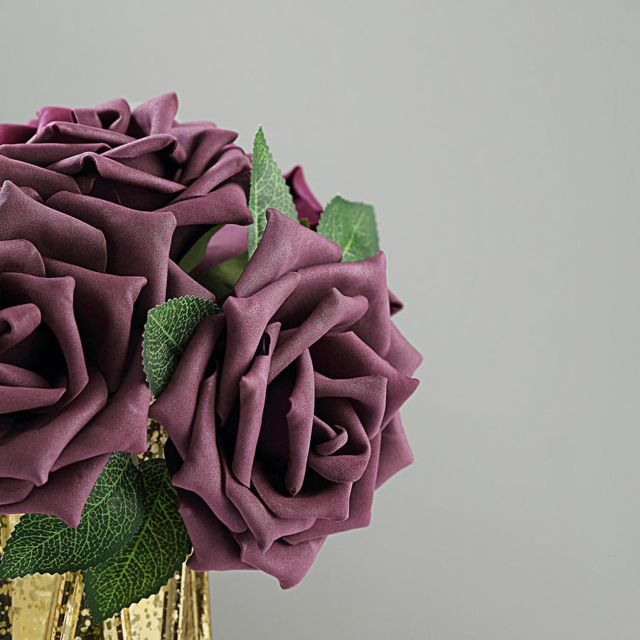 24 Roses | 5inch Eggplant Artificial Foam Flowers With Stem Wire and Leaves