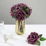 24 Roses | 5inch Eggplant Artificial Foam Flowers With Stem Wire and Leaves