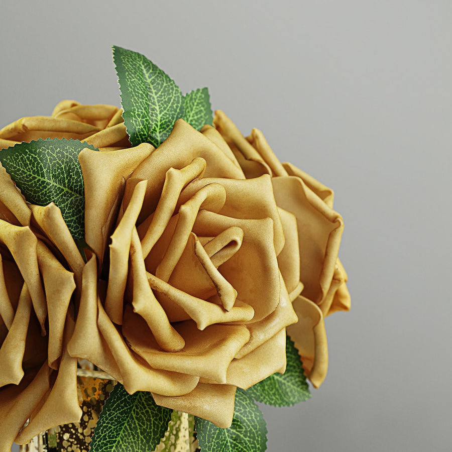 24 Roses | 5inch Gold Artificial Foam Flowers With Stem Wire and Leaves