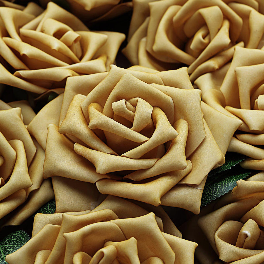 24 Roses | 5inch Gold Artificial Foam Flowers With Stem Wire and Leaves#whtbkgd