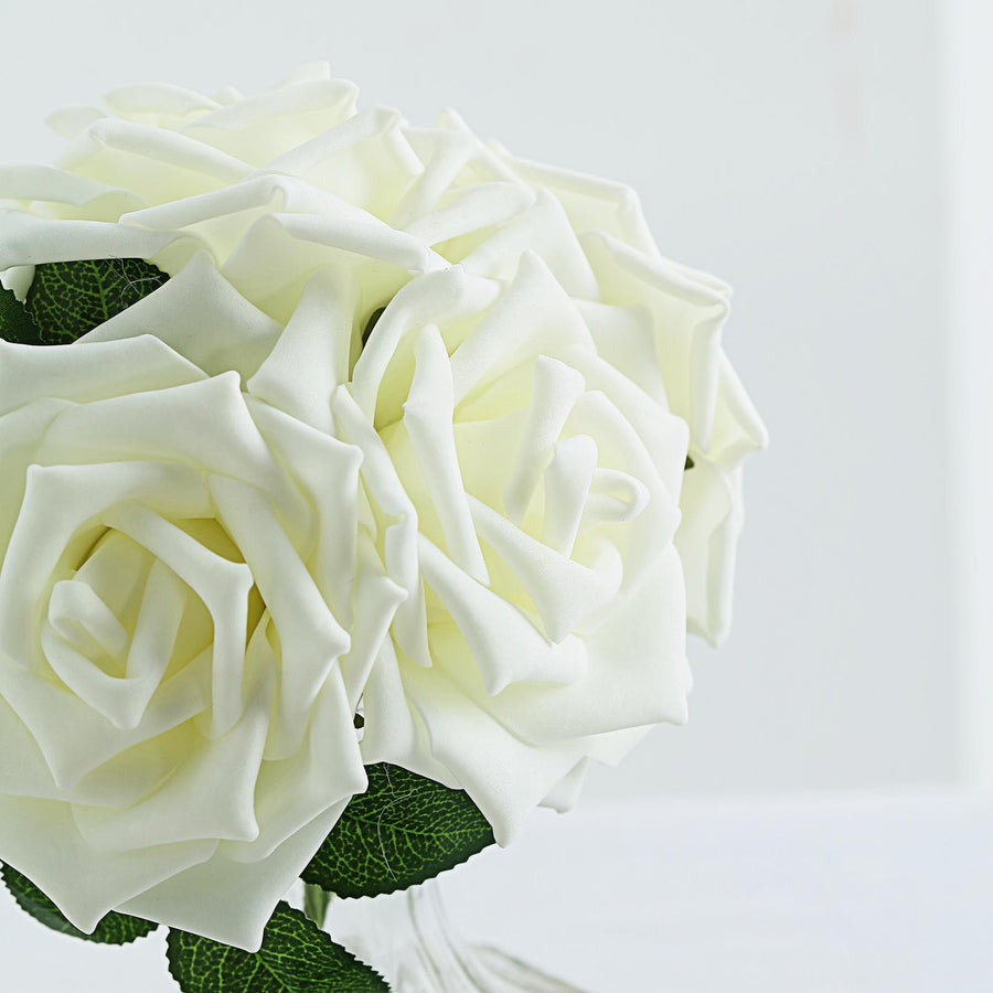 24 Roses | 5inch Ivory Artificial Foam Flowers With Stem Wire and Leaves