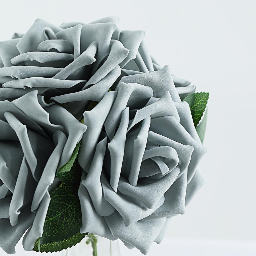 24 Roses | 5inch Silver Artificial Foam Flowers With Stem Wire and Leaves