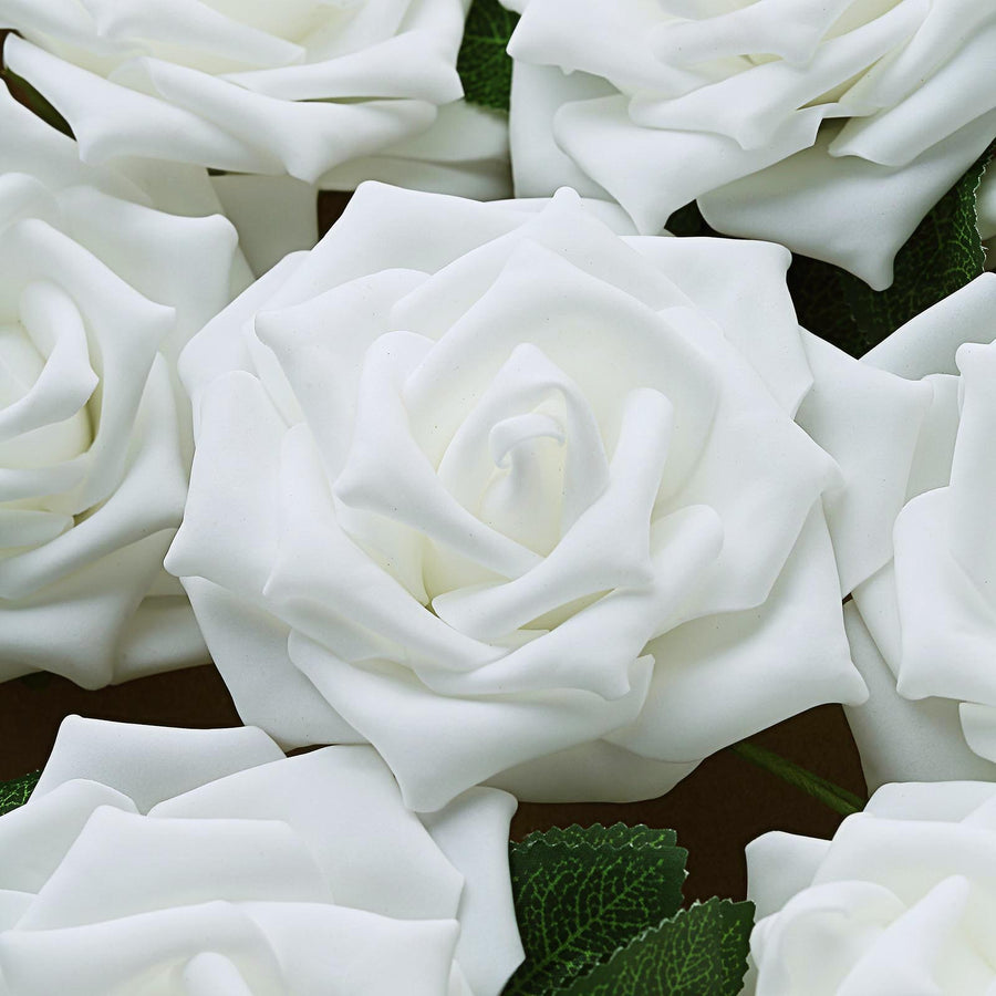 24 Roses | 5inch White Artificial Foam Flowers With Stem Wire and Leaves#whtbkgd