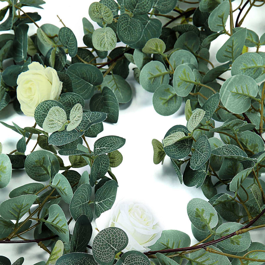 6ft | Green/Ivory Artificial Eucalyptus Leaf, Rose Flower Garland Vine