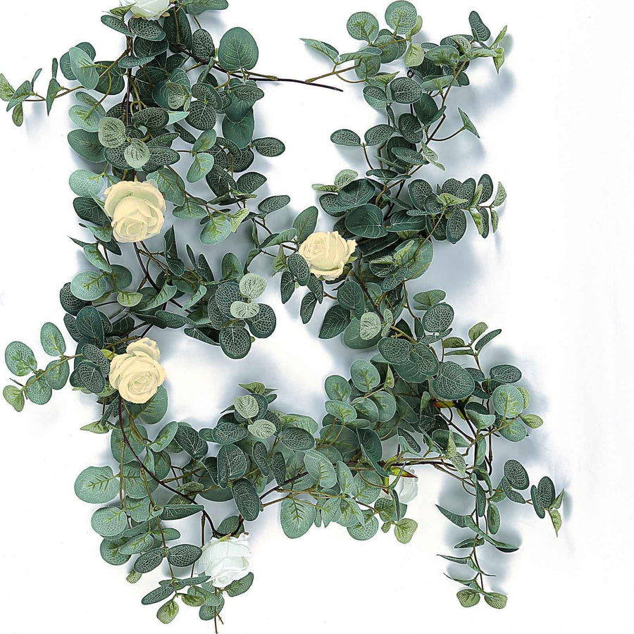 6ft | Green/Ivory Artificial Eucalyptus Leaf, Rose Flower Garland Vine#whtbkgd
