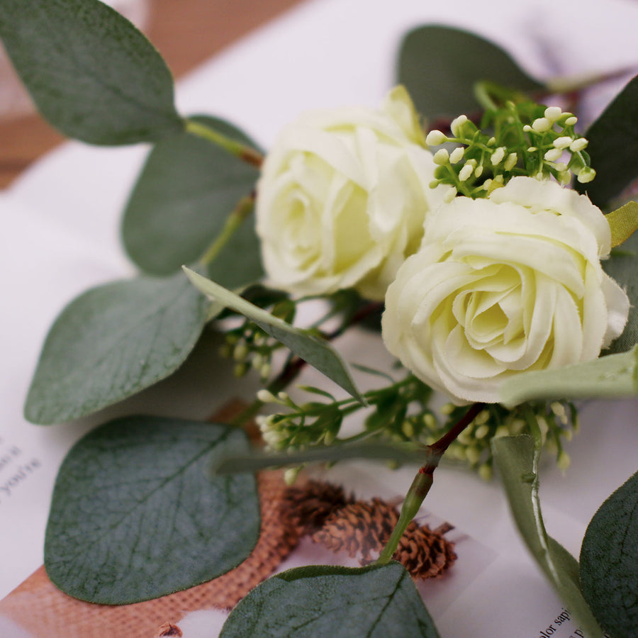 15inch Ivory Artificial Silk Rose & Eucalyptus Flower Bouquet Arrangement